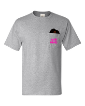 Load image into Gallery viewer, A heather gray t-shirt with a pocket. The The Sugar Bandits logo is printed in hot pink on the outside of the pocket and The Sugar Bandits Bandit is peaking out from inside the pocket.