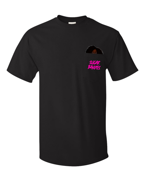 A black t-shirt with a pocket. The The Sugar Bandits logo is printed in hot pink on the outside of the pocket and The Sugar Bandits Bandit is peaking out from inside the pocket.