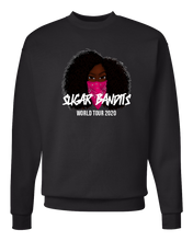 Load image into Gallery viewer, A black crewneck sweater that has the The Sugar Bandits bandit in the center of it. She has a pink bandana covering the bottom half of her face. The The Sugar Bandits logo is written in white horizontally across the bandana and World Tour 2020 is written in white below that.
