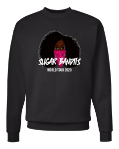 A black crewneck sweater that has the The Sugar Bandits bandit in the center of it. She has a pink bandana covering the bottom half of her face. The The Sugar Bandits logo is written in white horizontally across the bandana and World Tour 2020 is written in white below that.