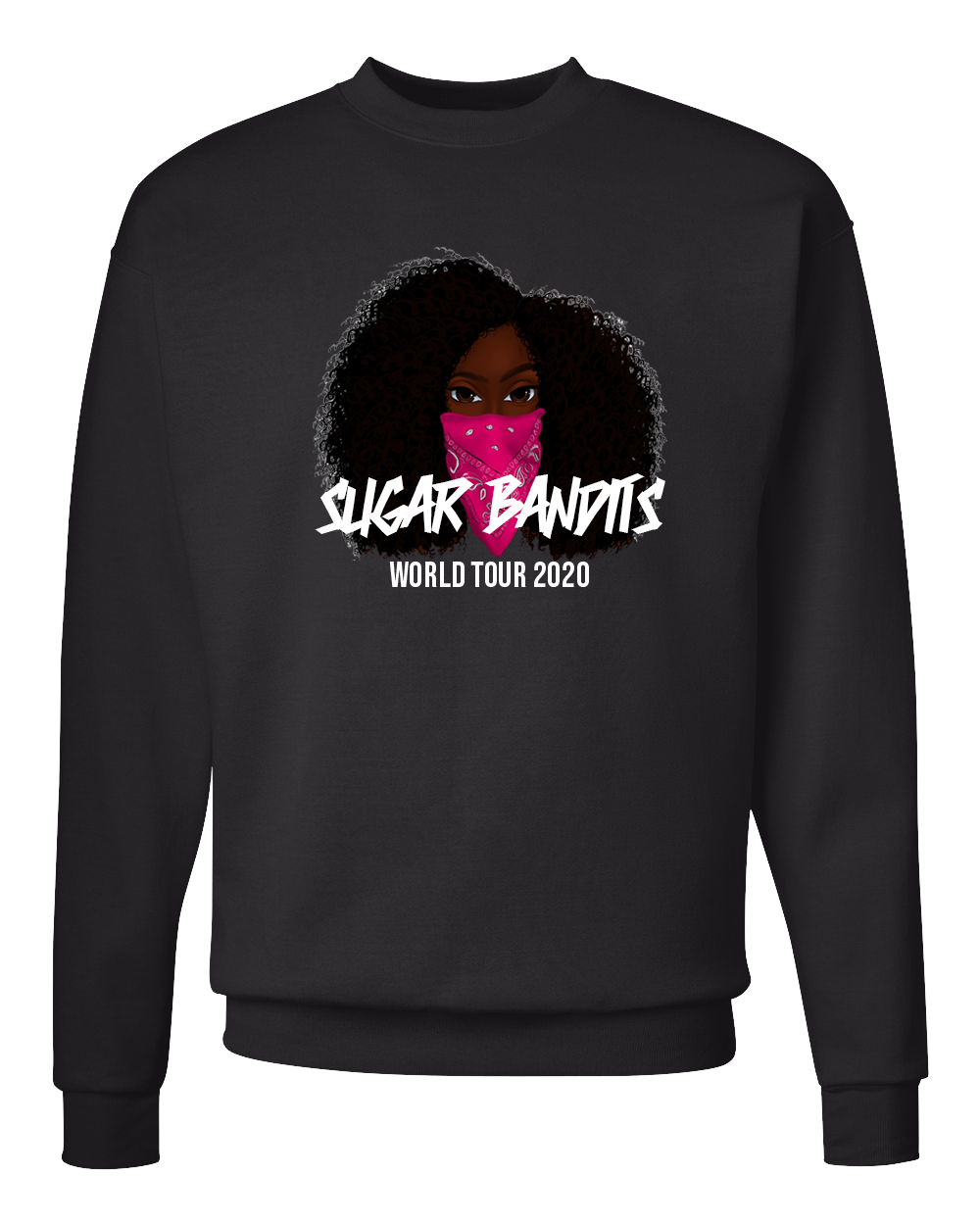 A black crewneck sweater that has the The Sugar Bandits bandit in the center of it. She has a pink bandana covering the bottom half of her face. The The Sugar Bandits logo is written in white horizontally across the bandana and World Tour 2020 is written in white below that.