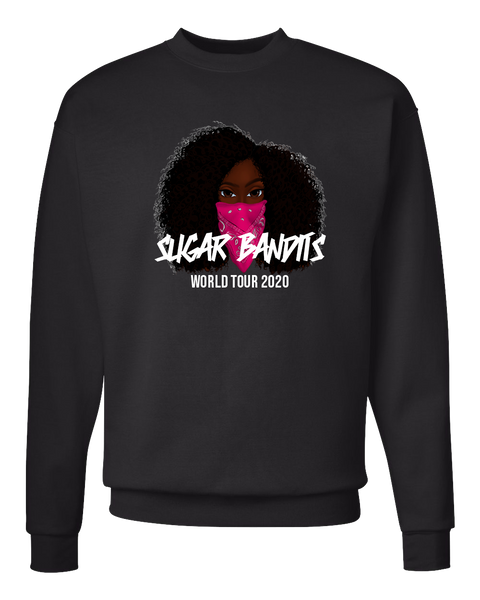 A black crewneck sweater that has the The Sugar Bandits bandit in the center of it. She has a pink bandana covering the bottom half of her face. The The Sugar Bandits logo is written in white horizontally across the bandana and World Tour 2020 is written in white below that.