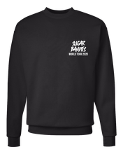 Load image into Gallery viewer, A black crewneck sweater with the The Sugar Bandits logo written in white where a pocket would be, World Tour 2020 is written in white underneath that.
