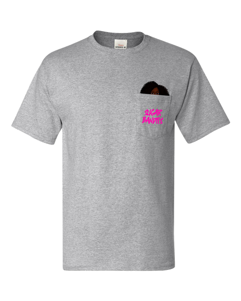 A heather gray t-shirt with a pocket. The The Sugar Bandits logo is printed in hot pink on the outside of the pocket and The Sugar Bandits Bandit is peaking out from inside the pocket.