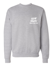 Load image into Gallery viewer, A heather gray crewneck sweater with the The Sugar Bandits logo written in white where a pocket would be, World Tour 2020 is written in white underneath that.
