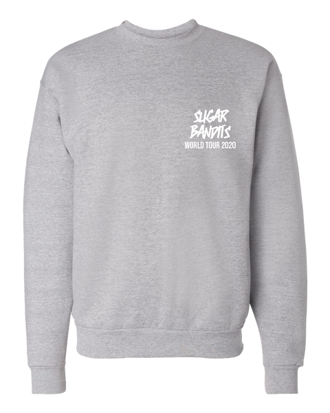 A heather gray crewneck sweater with the The Sugar Bandits logo written in white where a pocket would be, World Tour 2020 is written in white underneath that.